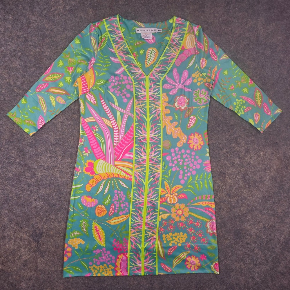 Gretchen Scott Aqua Tropical Floral Hummingbird V-Neck Tunic Dress Medium